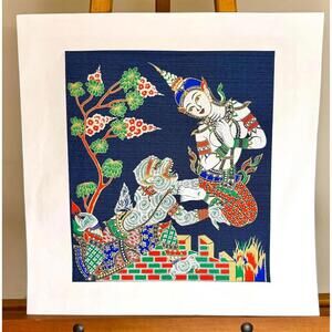Vintage Hand-Painted Thai Textile Art Ramakien Hanuman Scene Wall Art